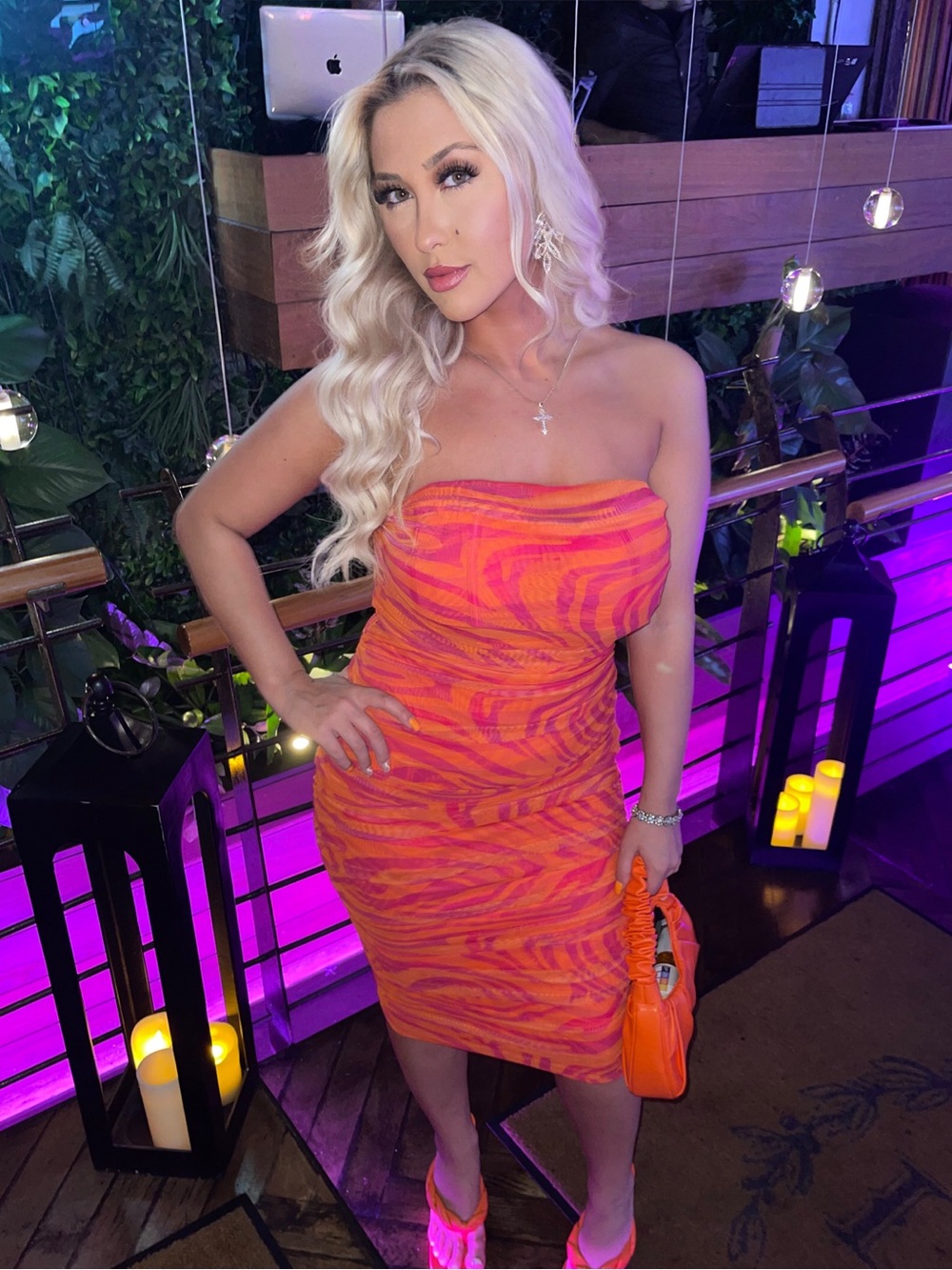 PrettyLittleThing Orange and Pink Strapless Ruched Midi Dress